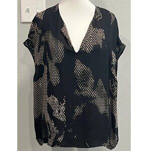 HALSTON HERITAGE 100% Silk, Black with abstract beige print top, Size 10